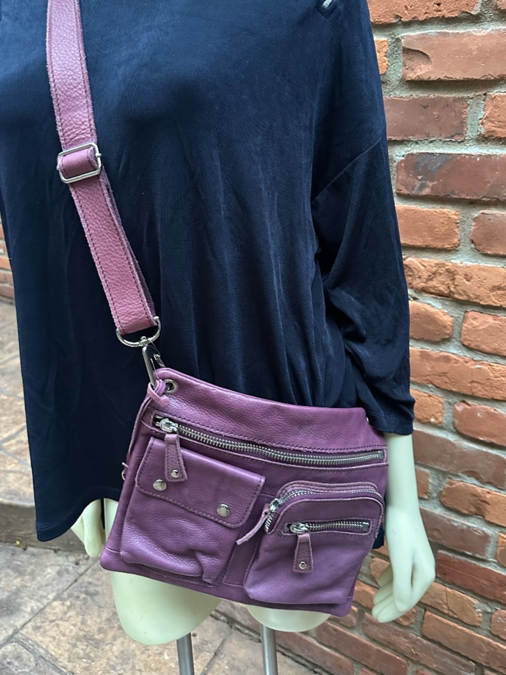 Fossil "Sutter" Grape Pebbled Leather Messenger Crossbody Handbag Purse